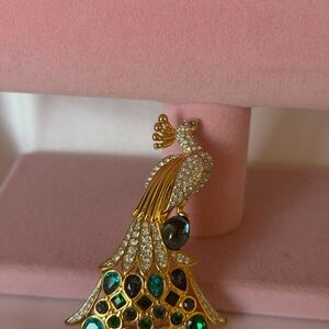 Swarovski Signed Gold Plated Peacock Pin Brooch with Clear & Emerald Green Cryst